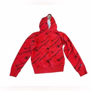 Champion Red Logo Hoodie Kids Size M All Over Script Print Pullover
